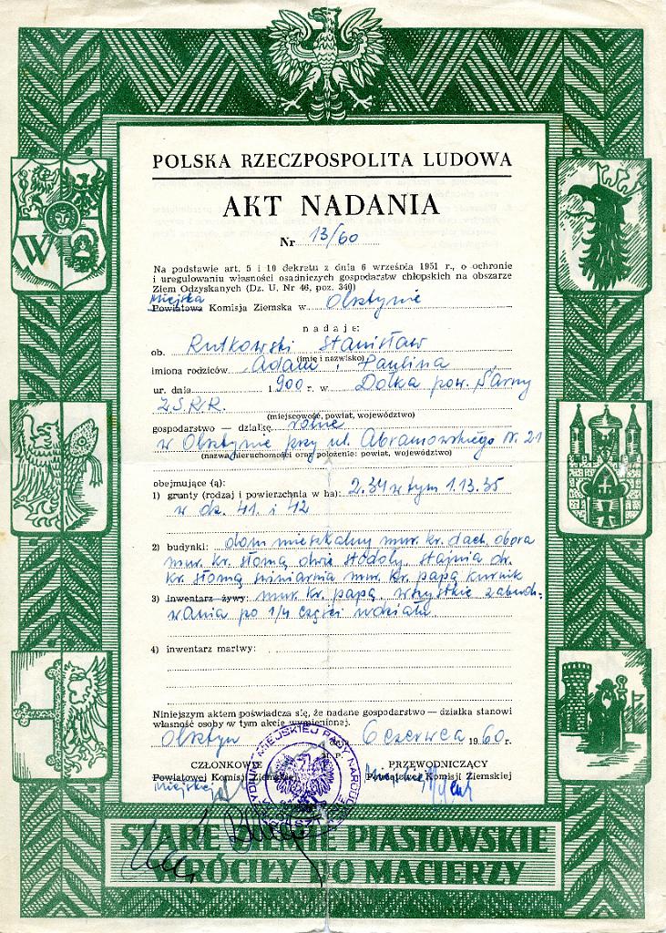 KKE 3512.jpg - Akt nadania ziemi, Rutkowskiemu Stanisławowi, Olsztyn 6 czerwca 1960 r.